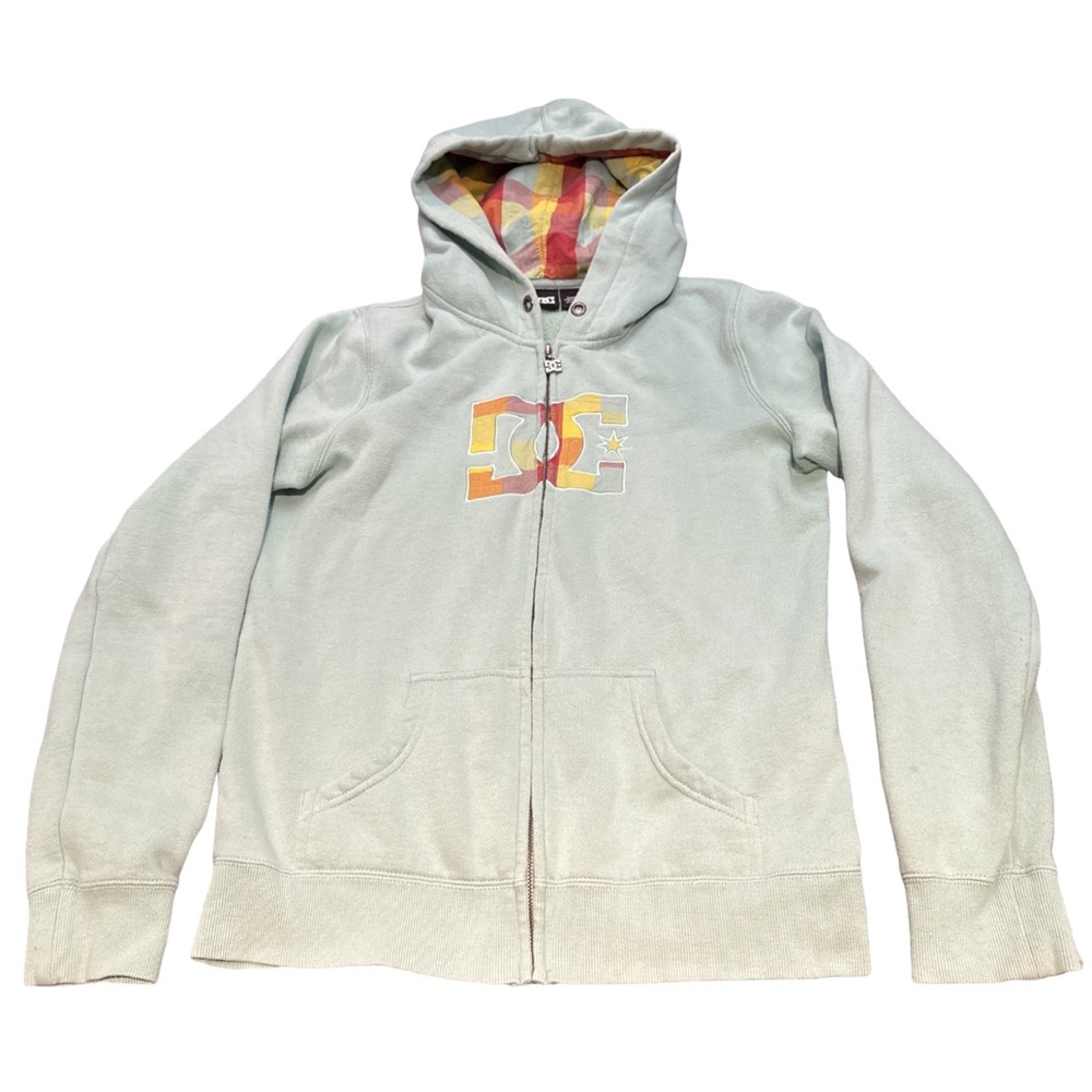 VINTAGE Y2K DC SHOES women's pale blue zip-up hoodie with plaid design, size L.
